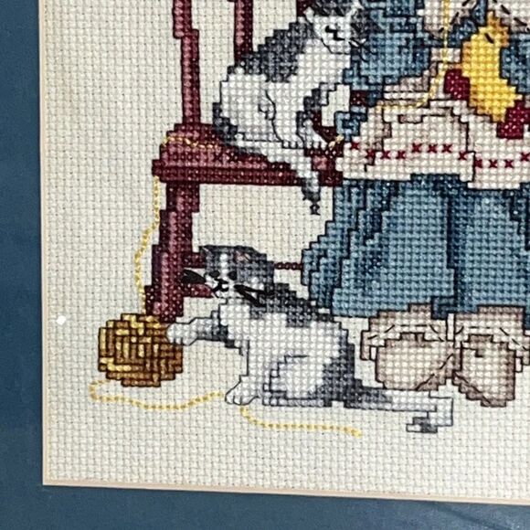Needlepoint Artwork of Girl With Cats 13" x 10" Framed & Matted grant core - Picture 3 of 8